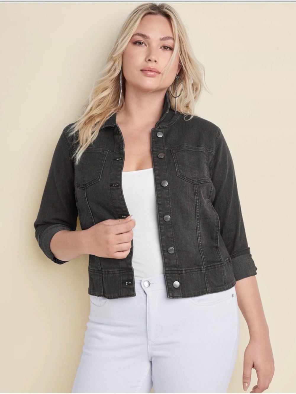 VENUS Black Washed Denim Jacket with Button Front